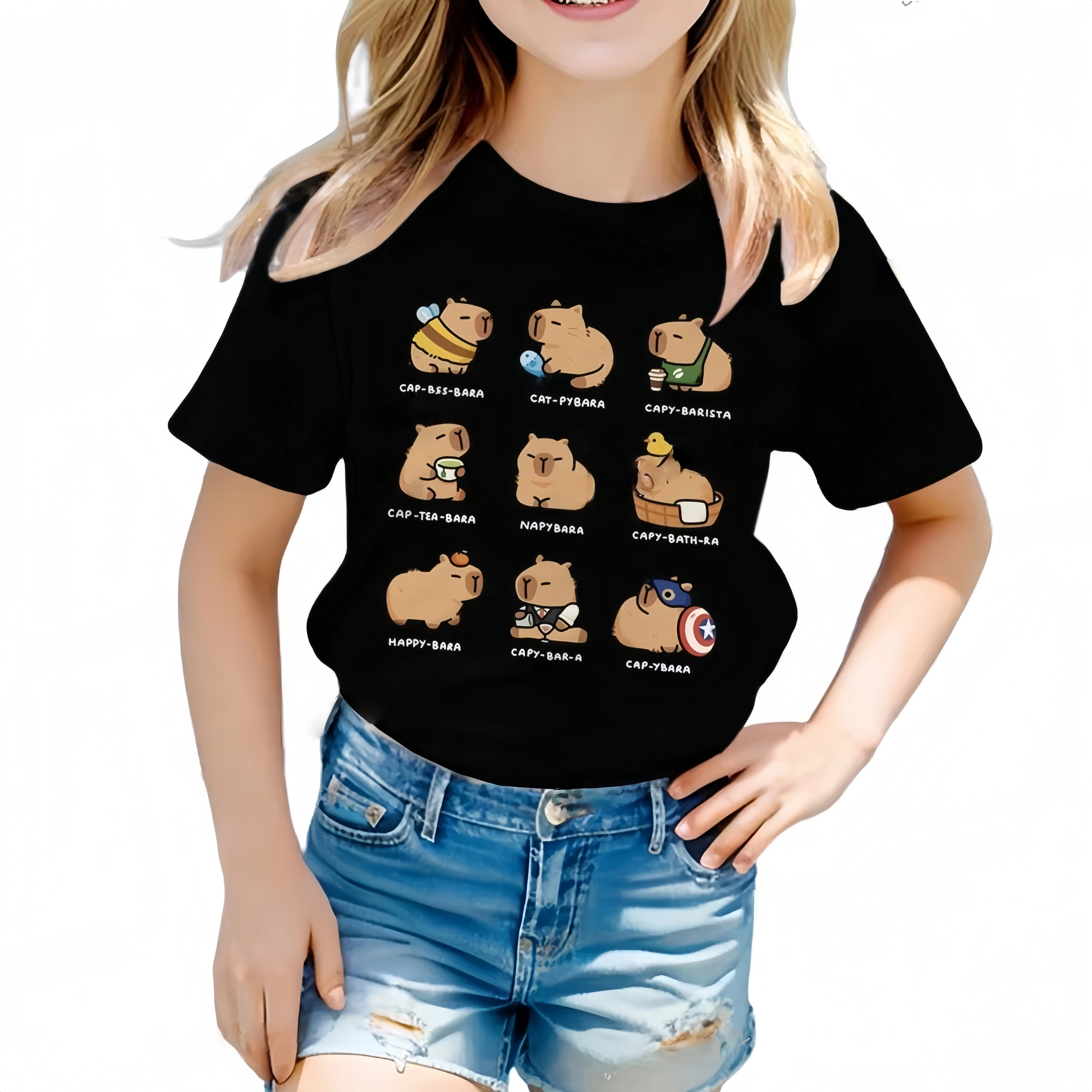Funny Capybara Cartoon Print T Shirt for Girls Boys 2-10Y Kawaii Animal Comic Design Children Top Short Sleeve Capybara T-Shirt