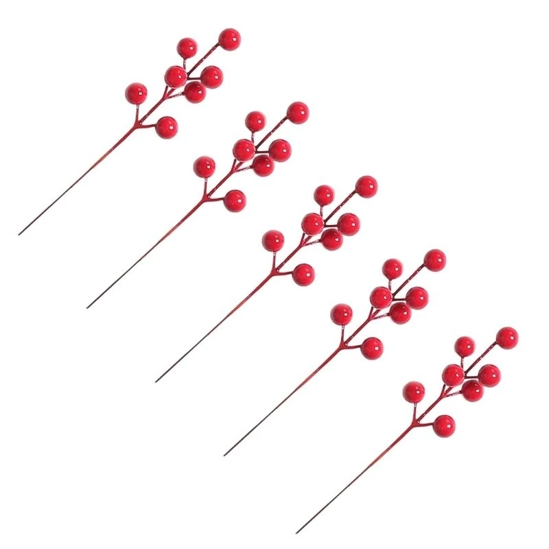50Pcs Artificial Red PVC Berries Branches With Bendable Iron Wire Stems For Christmas Tree Wreath Mantels Decoration 15UB