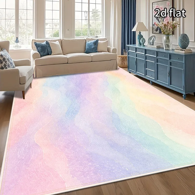 Pastel Rainbow Watercolor Wave Area Rug Soft Gradient Marble Texture Large Floor Mat for Aesthetic Modern Home Decor Area Rug