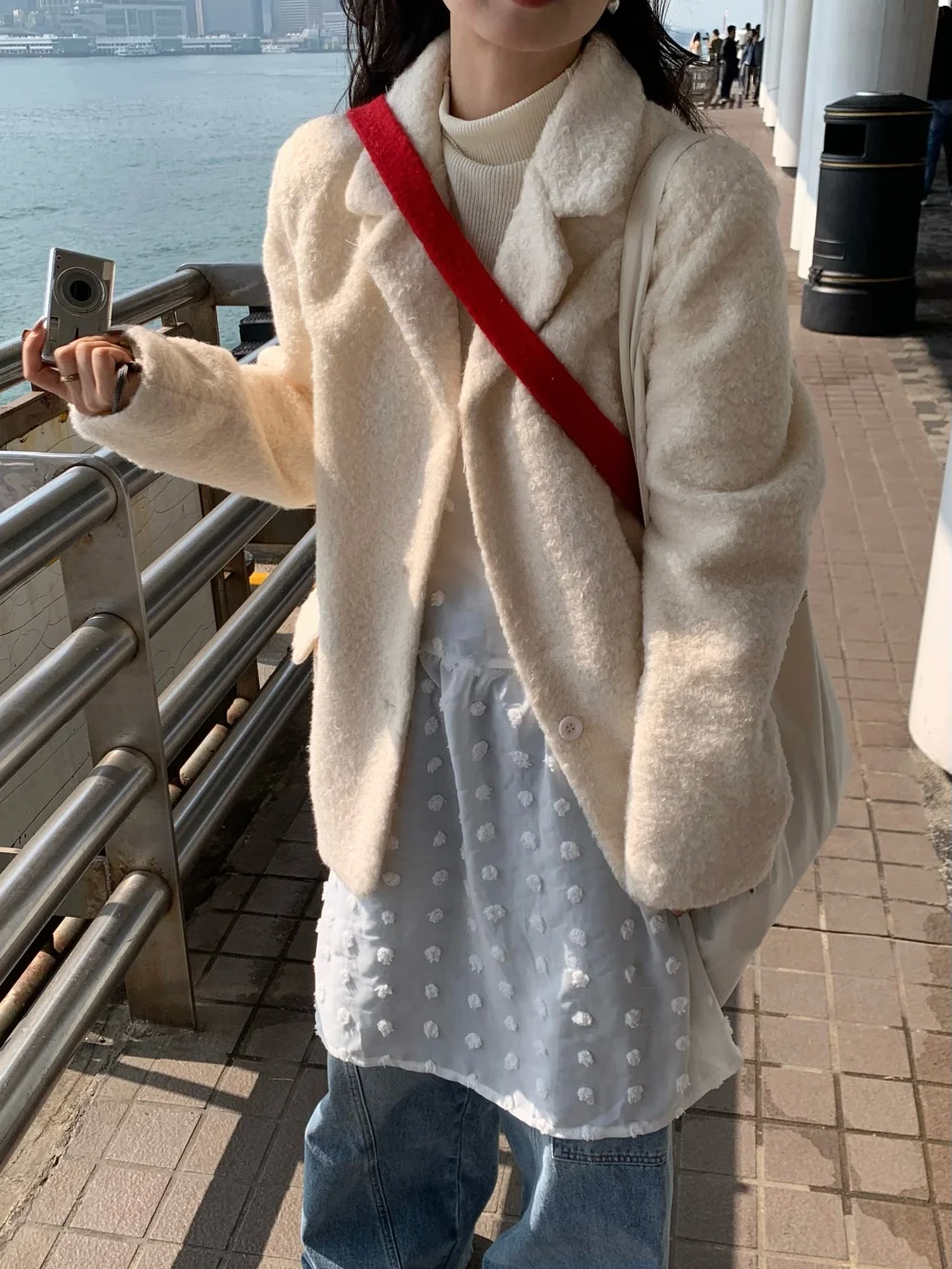 

Ele Cry Woolen Suit Jaet Women's Pure Color Versatile Autumn Winter New Sle Button ket Detail Loose Fit Coat