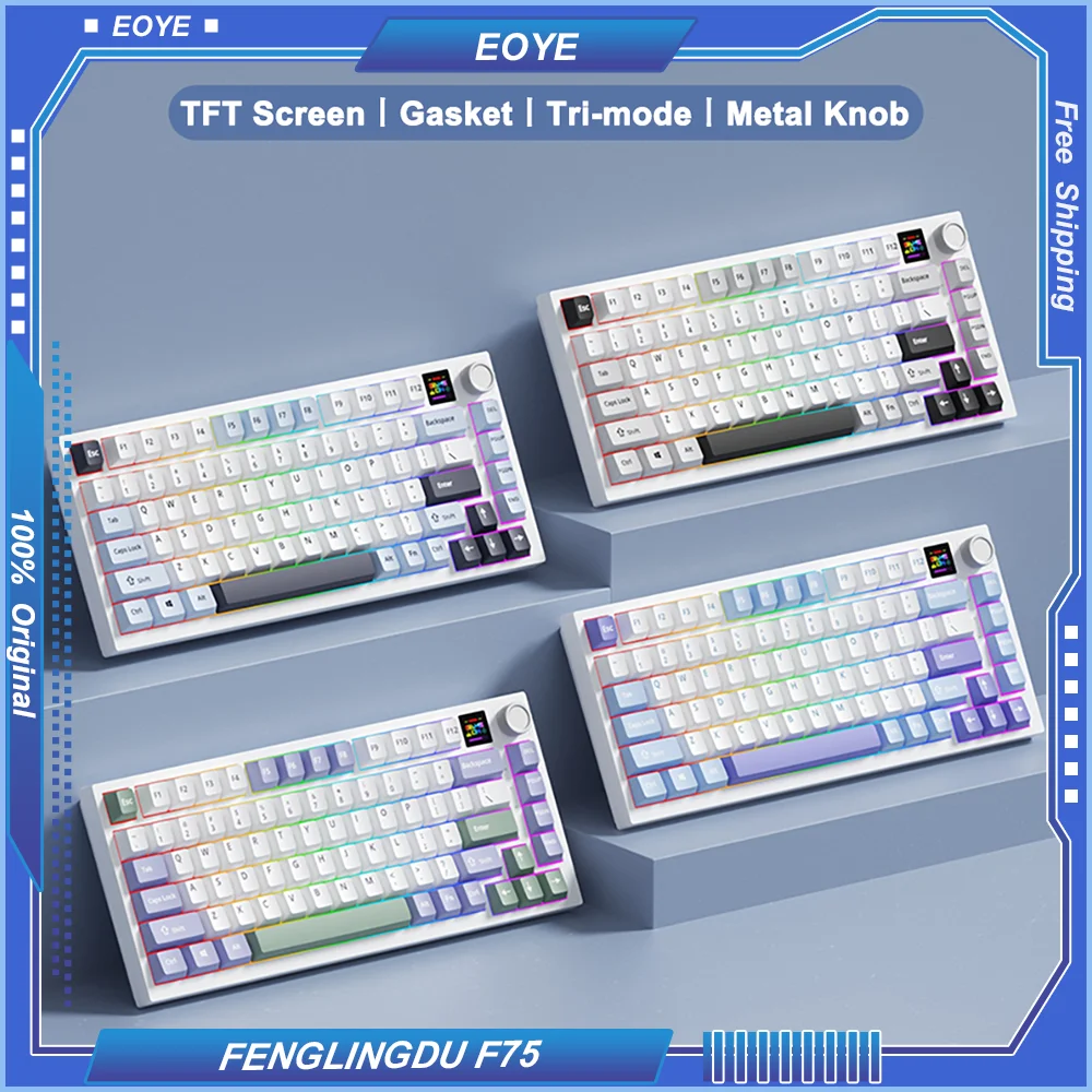 FENGLINGDU F75 Mechanical Keyboard with TFT Screen 75% Tri-mode Hot Swappable Customized Gasket RGB Wired Wireless Bluetooth DIY