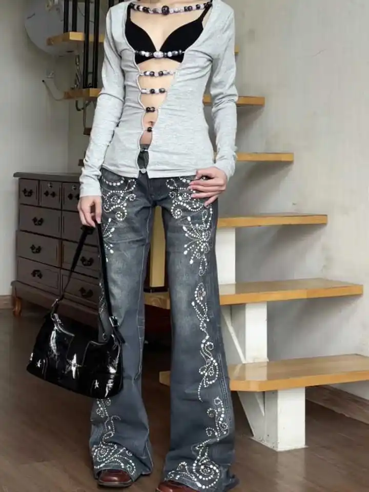 Women Harajuku Flare Jeans Grunge Japanese Harajuku Gyaru Y2K