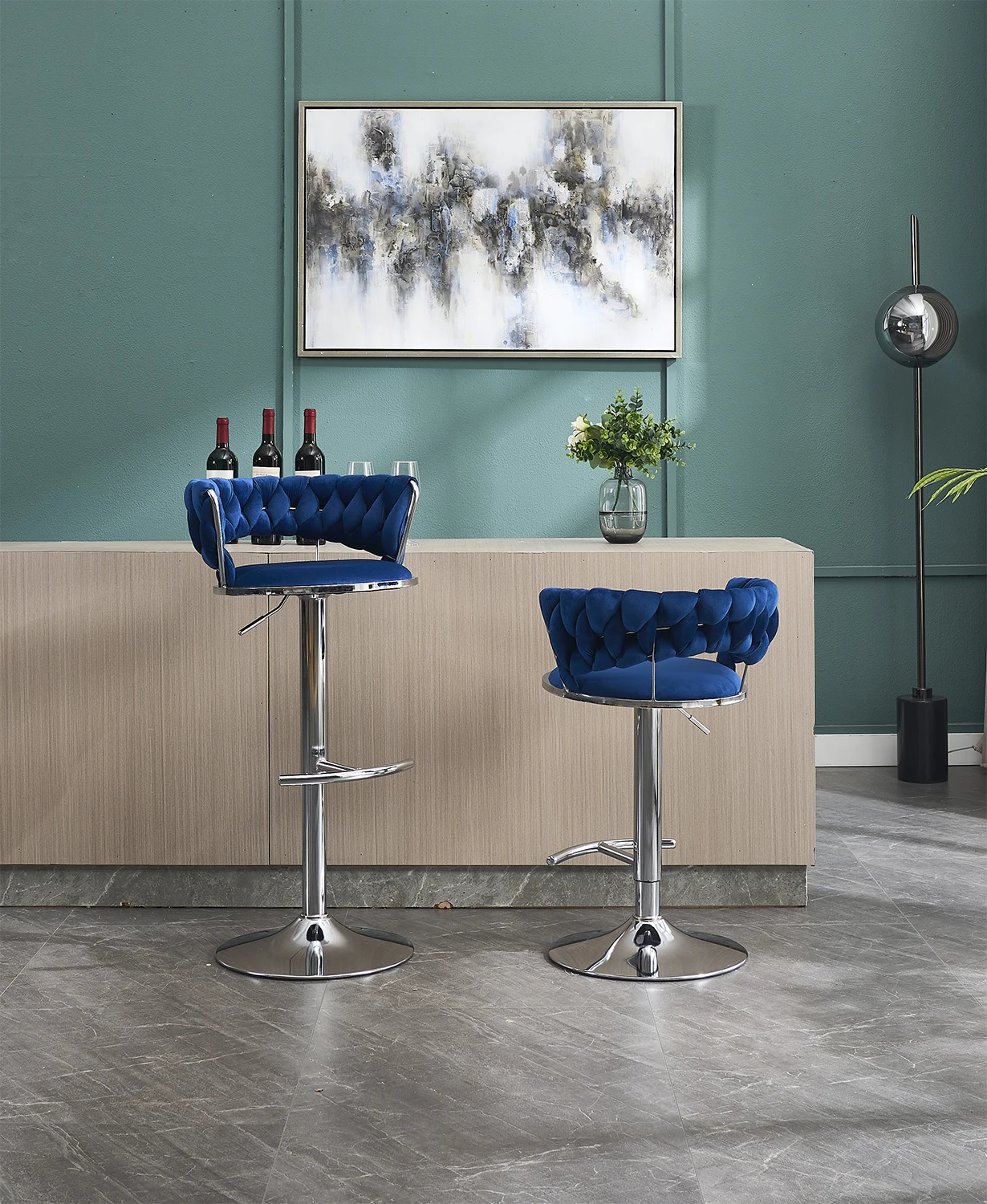 Set of 2 Bar Stools,with Chrome Footrest and Base Swivel Height Adjustable Mechanical Lifting Velvet Chrome Leg Simple Bar Stool