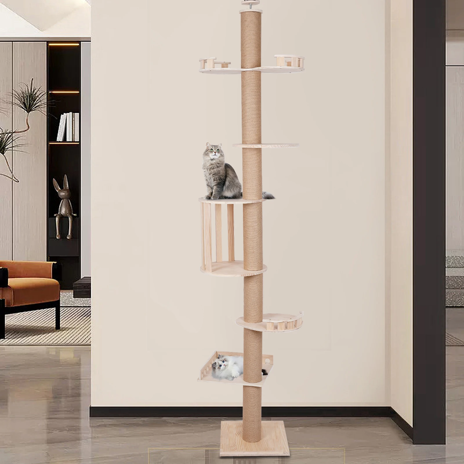

Большая башня для кошачьего дерева для домашних кошек, высота 100-104 дюймов, многоуровневый кошачий альпинист с когтеточками из сизаля, деревянная кондоминированная для кошек