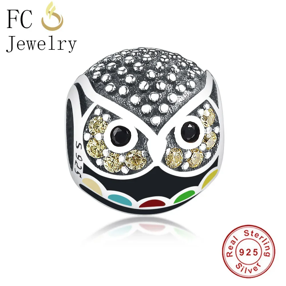 

FC Jewelry Fit Original Brand Charms Bracelets 925 Sterling Silver Animal Black Color Enamel CZ Owl Beads For Making Berloque