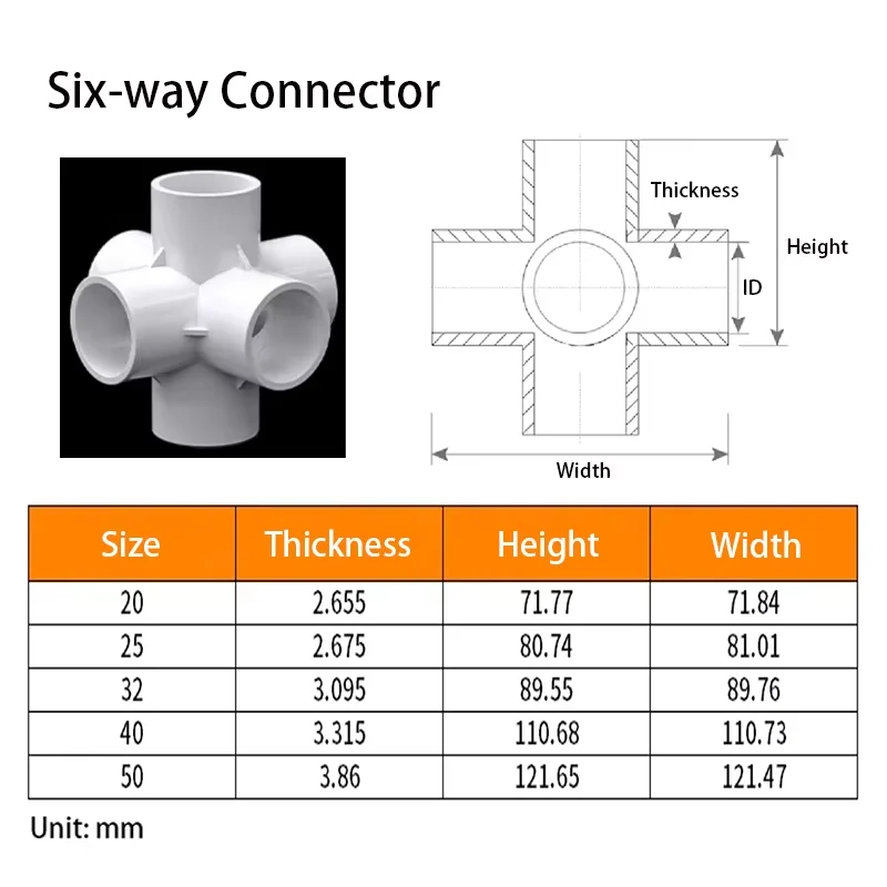 20/25/32/40/50mm PVC 6 Ways Three-dimensional Connector PVC Pipe Fittings Garden Water Fish Tank Connector DIY Drainage