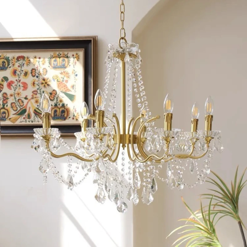 French Luxury Copper Candle Led E14 Chandelier Living Room Lustre Crystal Led Pendant Lights Led Home