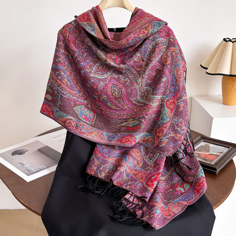 

Elegant Retro Paisley Pattern Printed Scarf Ethnic Style Long Fringe Shawl Outerwear