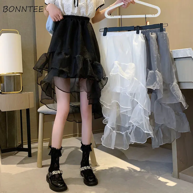 

Mesh Skirts Women Design Empire Spring New Arrival Fashion All-match Ruffles Above Knee Clothing Harajuku Solid Simple Aesthetic