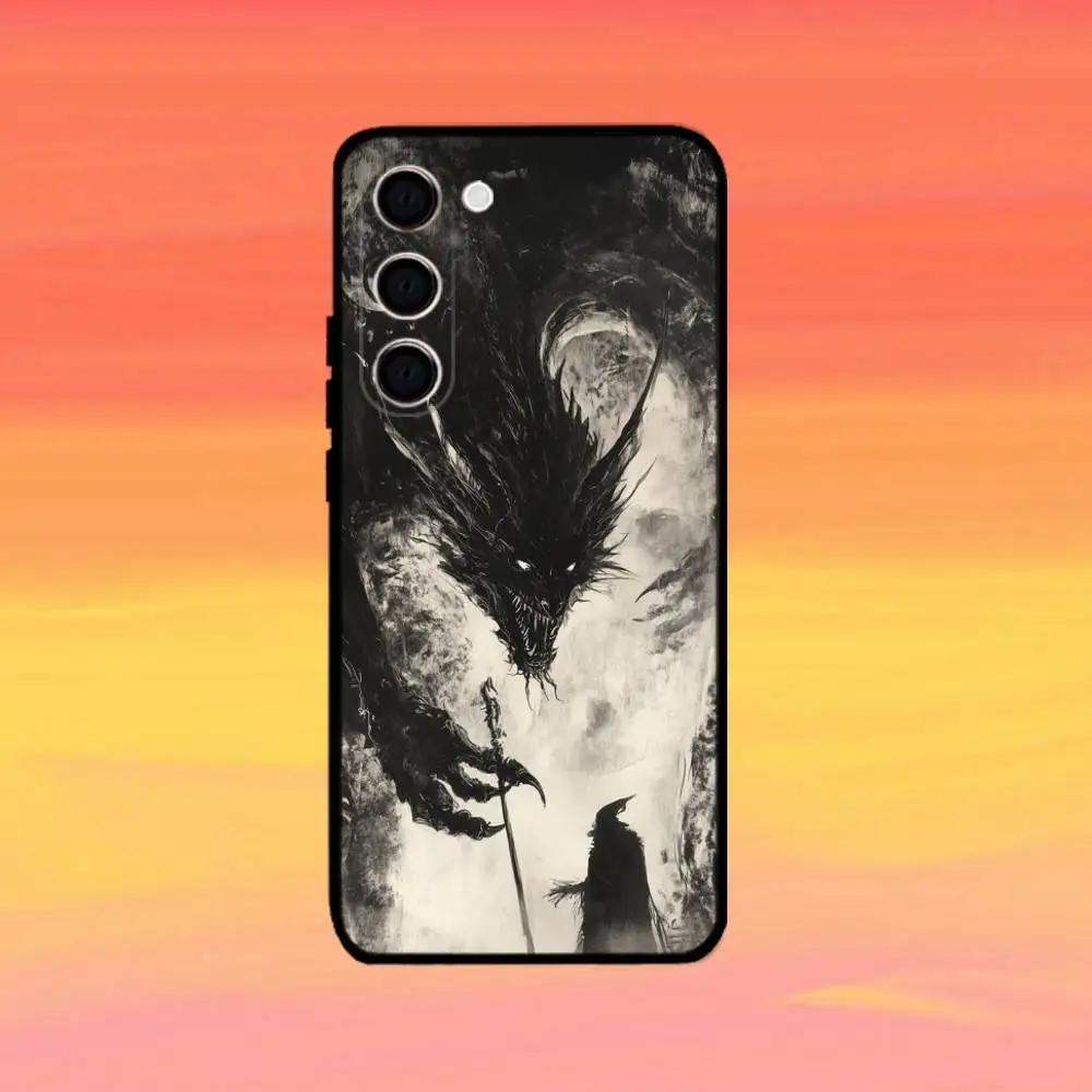 التنين نمط الحبر فرشاة اللوحة حالة الهاتف لسامسونج غالاكسي A73، A72، A71، A70، A53، A52، A51، أخرى غطاء أسود ناعم #3