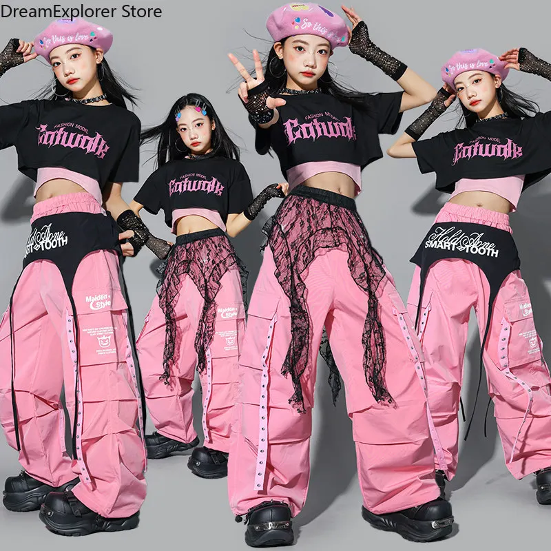 Girls K-pop Lovley Crop Top Cargo Pants Street Dance Layered Skirt Children Streetwear Kids Hip Hop Jazz Girl Group Clothes Sets