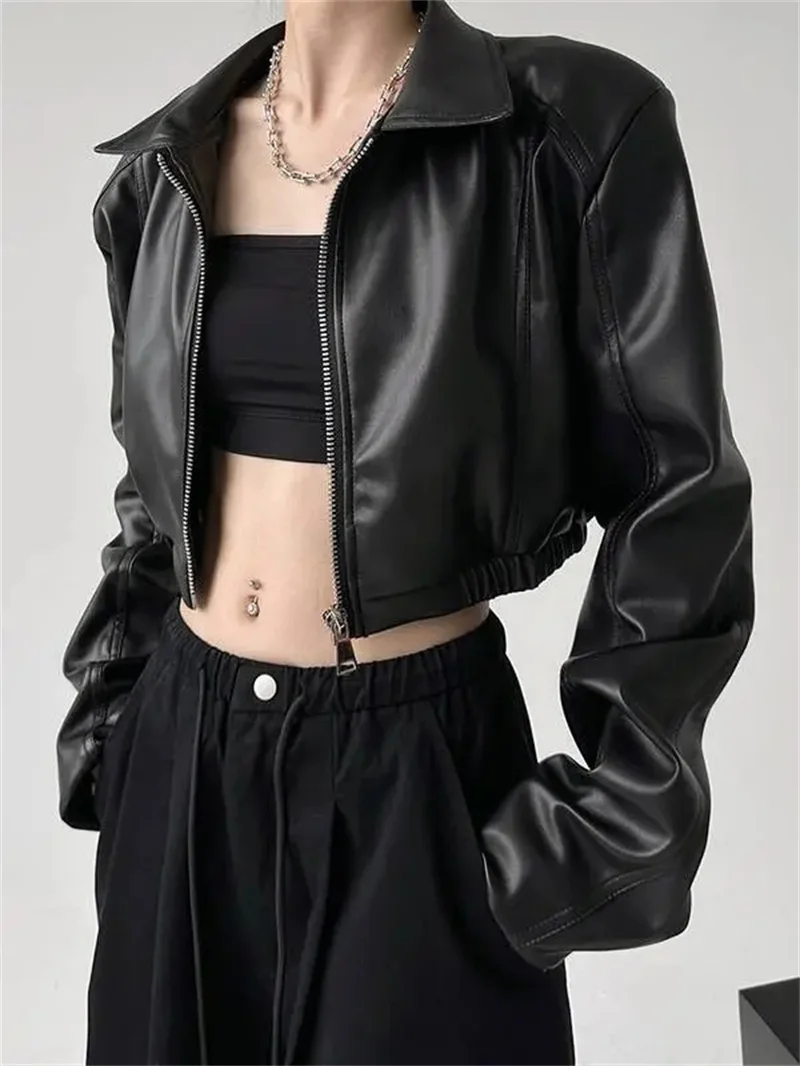 Loose  Leather Jacket Women's Leather Jacket New Retro Long-Sleeved Lapel Leather Jacket Women's Spring and Autumn  Short Coat