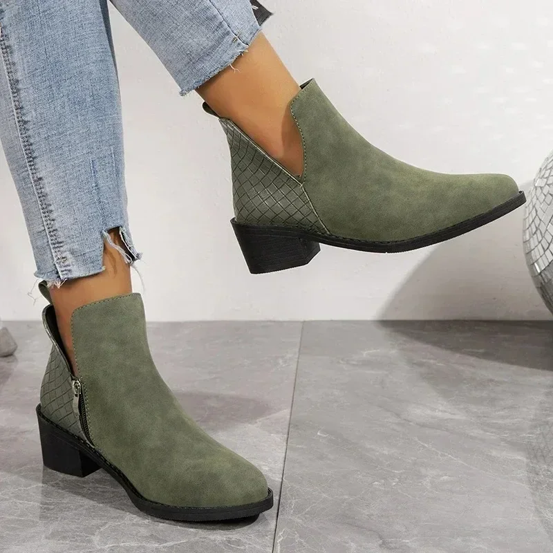 Suede Zipper Ankle Boots for Women 2023 Autumn Pointed Women Shoes Woven Patchwork Female Boot Concise Square Heel Chelsea Boots