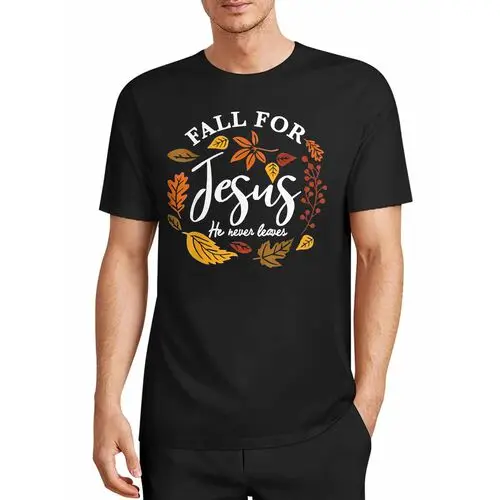 Autumn Leaf Wreath Fall for Jesus Faith Text Print Black T-Shirt