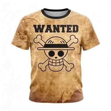 One Piece Anime Luffy Wanted Dead or Alive Pattern Retro Poster Texture Pirate Skull Casual Street Wear Trendy Top