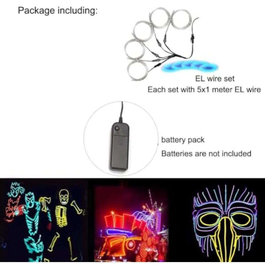 Mvchenxi EL Wire Kit, 5 x 1 Meter Flexible and Cuttable Neon Light Strips, 4 Lighting Modes, Halloween Christmas Decoration, DI