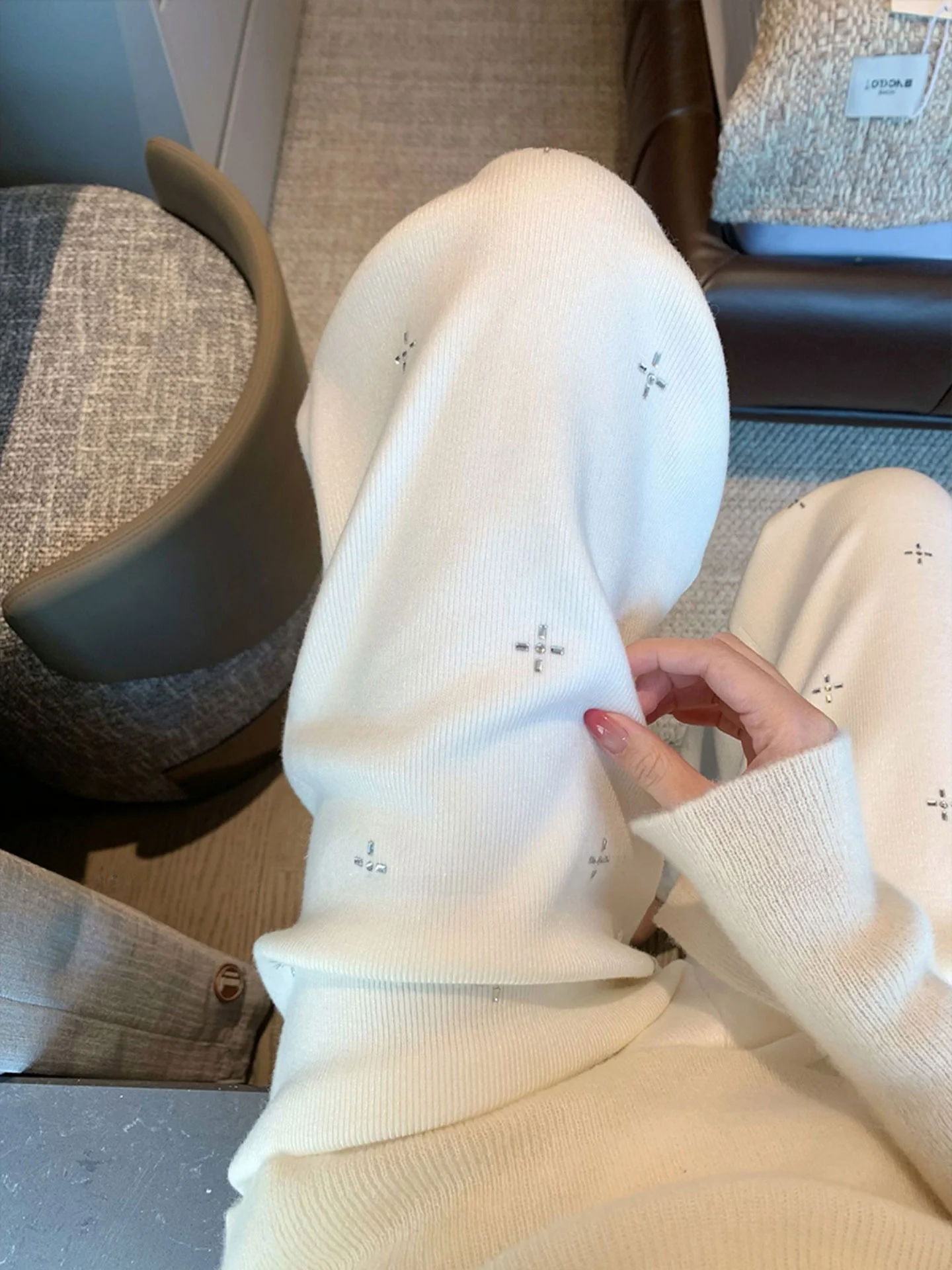 Korean Style High Waist Wide Leg Knitted Pants Women's Autumn Winter Casual Loose Fit Diamond Embellished Straight Tube Pants