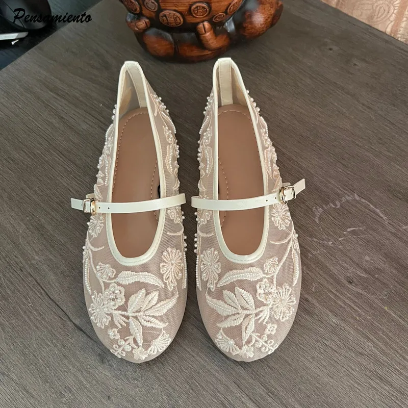 

Fashion Breathable Mesh Embroidery Pearls Women Ballet Flats Spring Summer Comfort Soft Soles Mary Janes Girls Dance Shoes