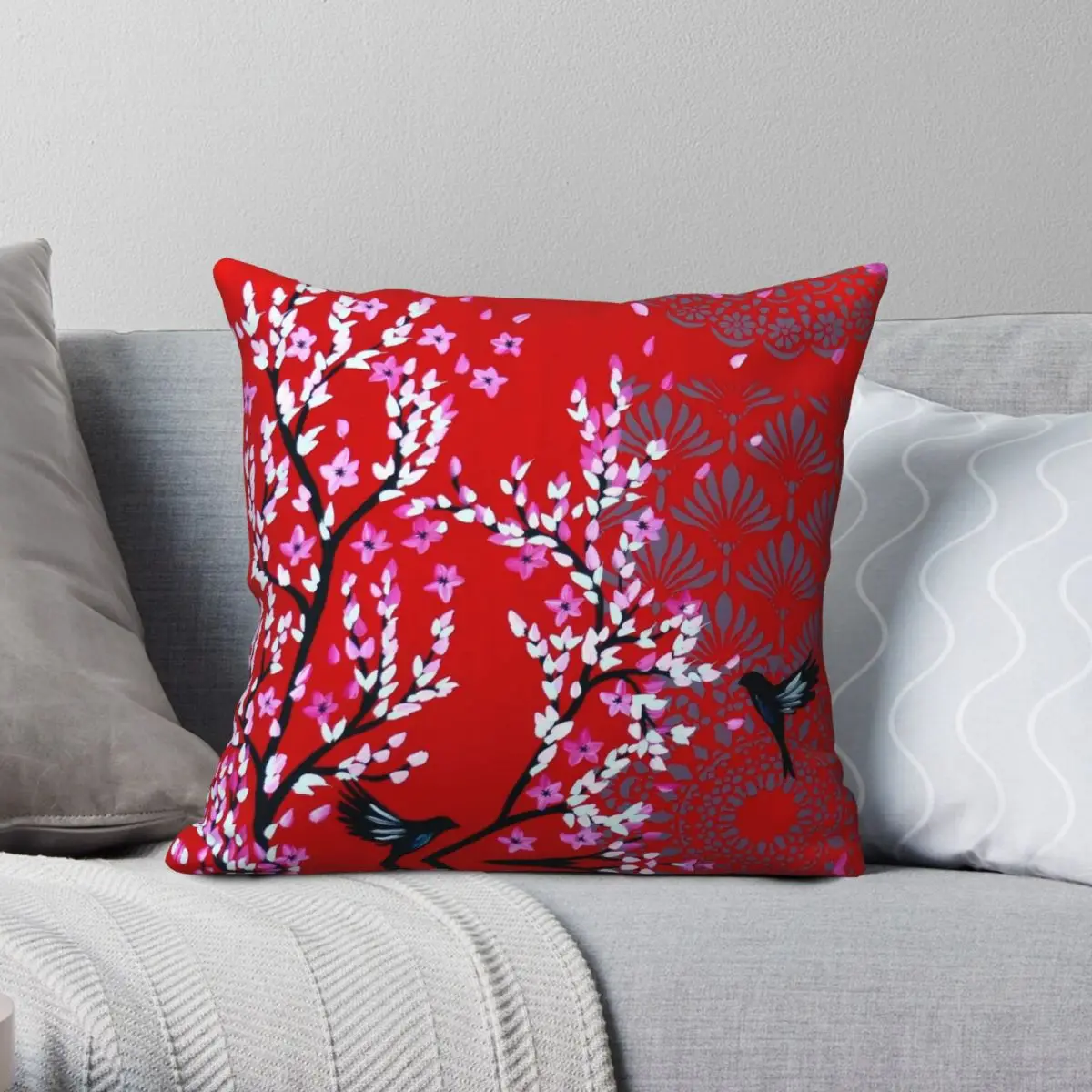 

Birds With Red Cherry Blossom Square Pillowcase Polyester Linen Velvet Creative Zip Decorative Pillow Case Sofa Cushion Cover