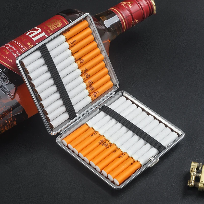 Estuche de cigarrillos de cuero PU para hombres, caja de cigarrillos de Metal de Color sólido, con capacidad para 20 cigarrillos, nuevo y elegante