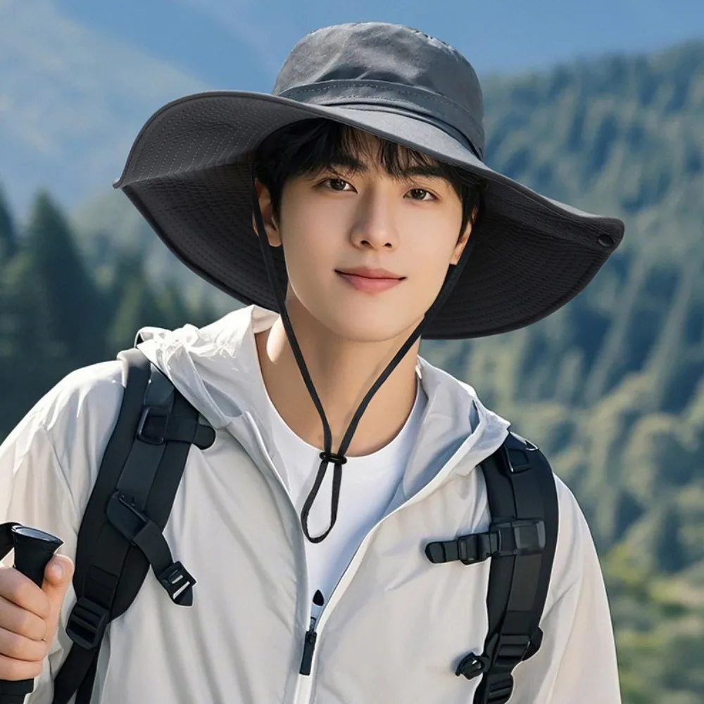 Fashion Quick-dry Hiking Fisherman Hat UV Protection Big Brim Drawstring Sun Hat Sunscreen Sunshade Men Bucket Cap Camping