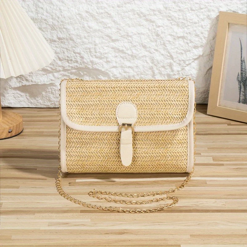 

Новая модная соломенная сумка в праздничном стиле, простая универсальная женская сумка через плечо, сумка-мессенджер на цепочке в пасторальном стиле, классическая магнитная сумка
