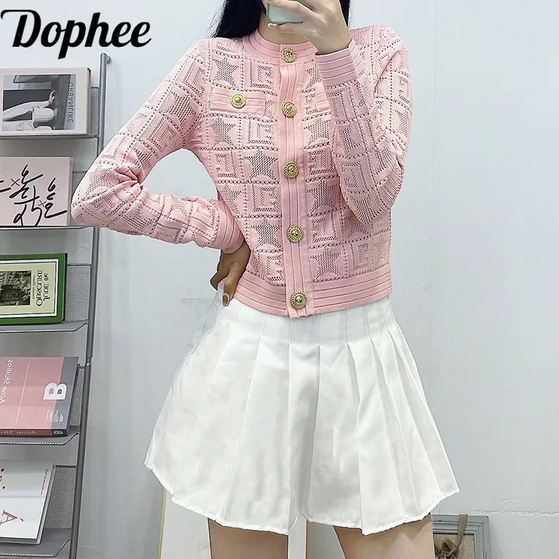 

Dophee High Quality Summer Women Long Sleeve Knitted Cardigans Coat Thin Sweaters Jacquard Stars Gold Button Knitted Shirts