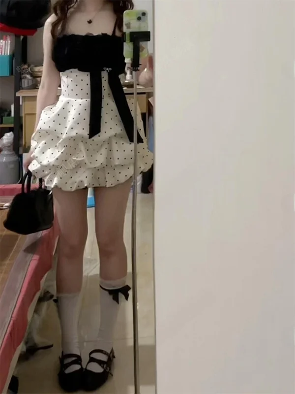 

Princess Style Dress with Polka Dot Splicing Knot Slimming Color Block High Waist Design for Women