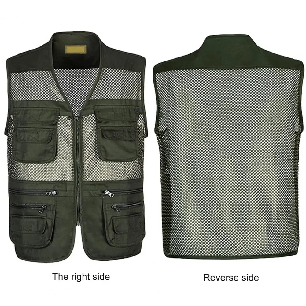Multi Pockets Jacket Lightweight Mesh Outdoor Sports Vest for Summer Zipper Closure Waistcoat for Work Wear Camping Fishing Men