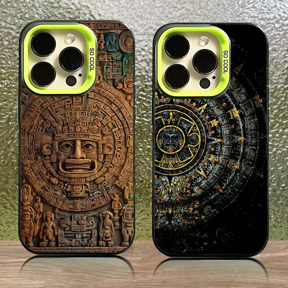 

Mayan Aztec Calendar Statue Phone Case For iPhone 16,15,14,13,12,11,Pro,XS,Max,Plus,Mini,SE Green Candy Matte Shockproof Cover