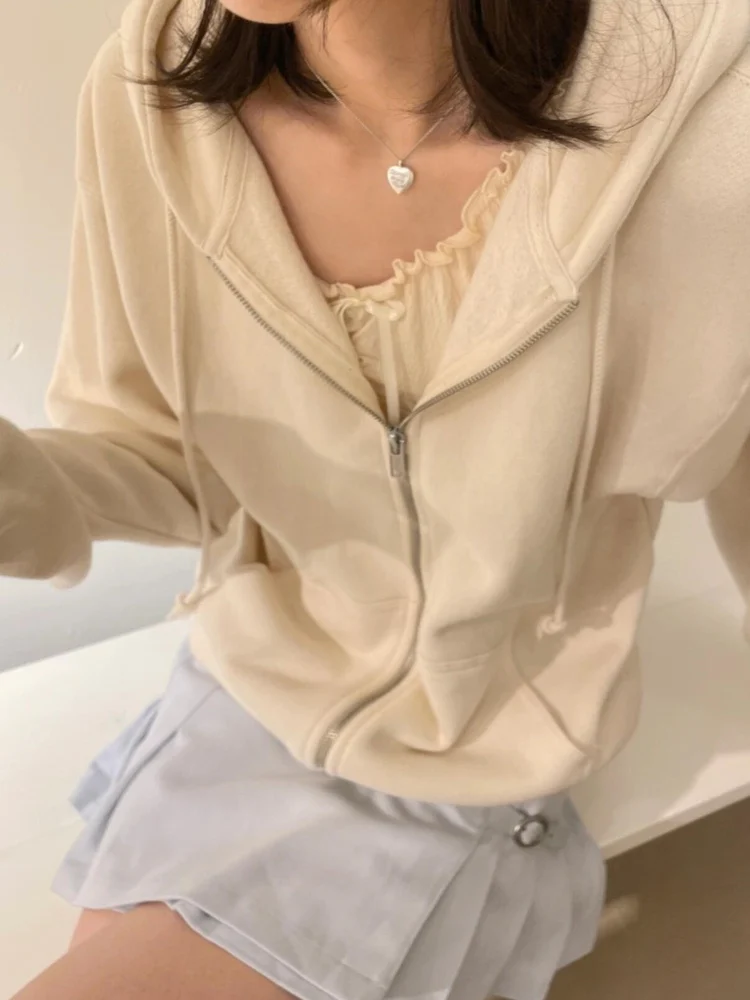 

Ladies Loose Fit Zipper Hoodie in Beige Color Simple Commute Sle Long Sve Cotton Cardigan Coat with Hood for Women