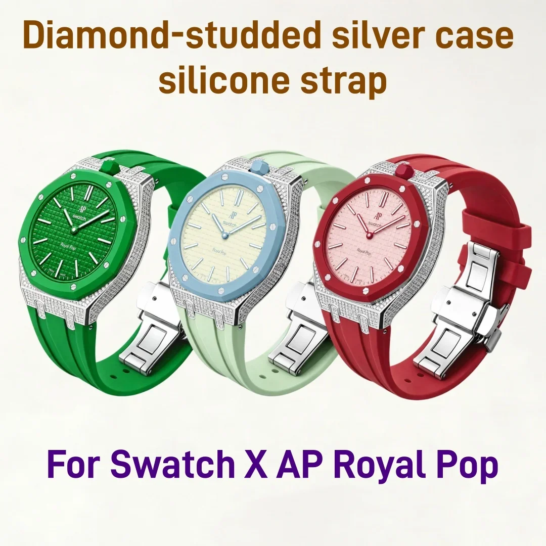 Luxury Moissanite Inlaid Stainless Steel Case Silicone Strap Replacement Modification Set For Swatch X AP Royal Pop Pocket Watch