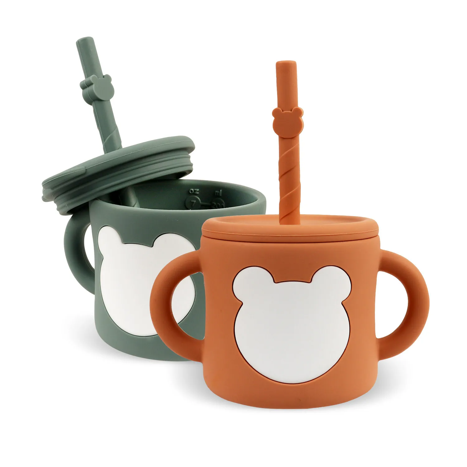 Silicone Water Cups,Learning Drink Cup with Straw, Anti Drop Double Handle Graduated Straight Drink Cup,Anti Drop, Birthday Gift