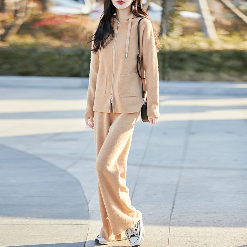 الخريف والشتاء جديد المرأة 100% الصوف الخالص دعوى مقنعين سترة فضفاضة قطعتين حجم كبير محبوك بنطلون