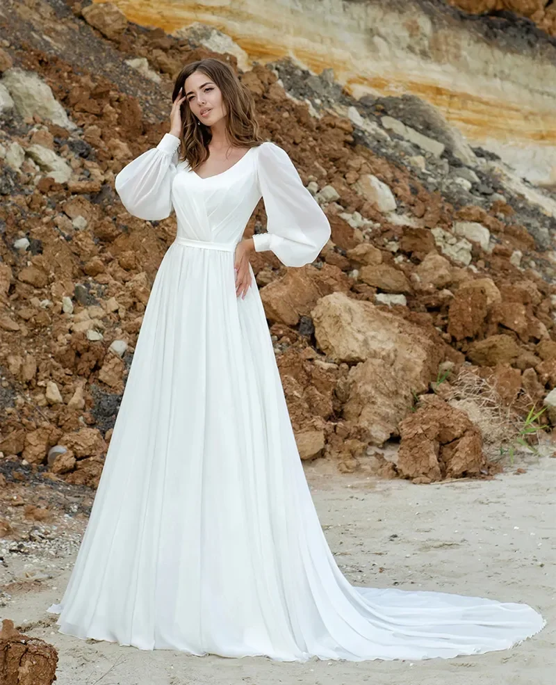 Simple White Chiffon A Line Wedding Dresses Boho Beach Bridal Gowns V-Neck Long Sleeves Plus Size Robe De Mariage Custom Made