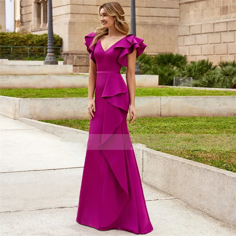 

Elegant Mother of the Bride Dresses Mermaid Ruffle V Neck Wedding Guest Gown for Women 2024 Trumpet Formal Evening Dress Fuchsia