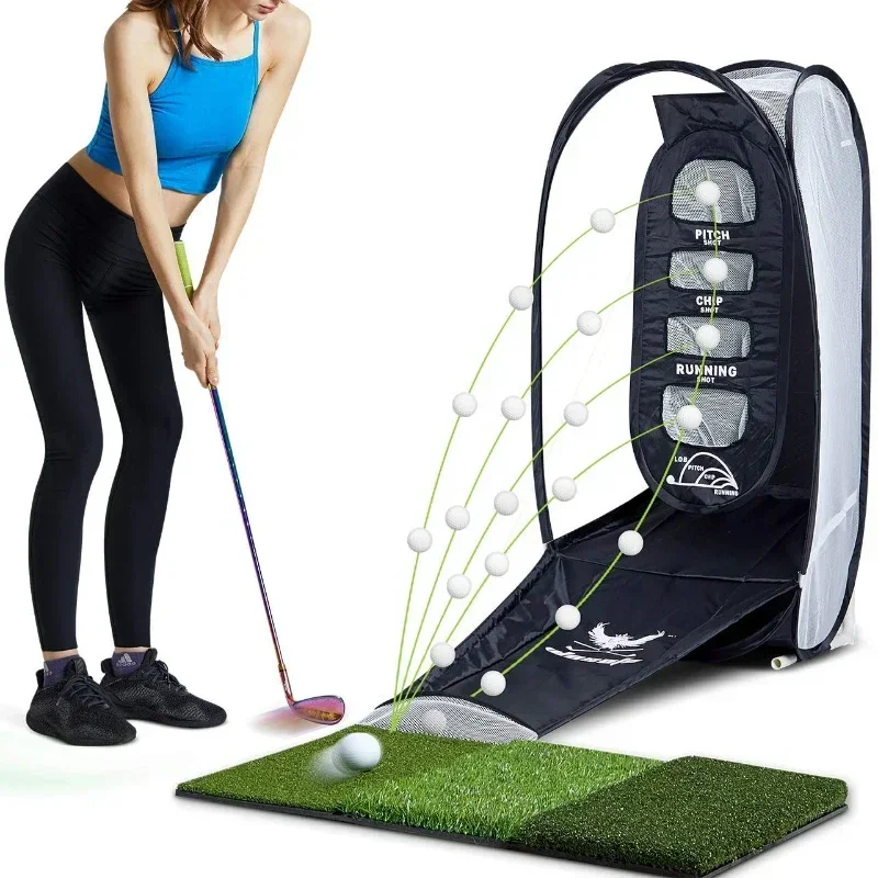 Golf Swing Trainer Wedge Practice Net Foldable with Golf Mat Ball Feeding