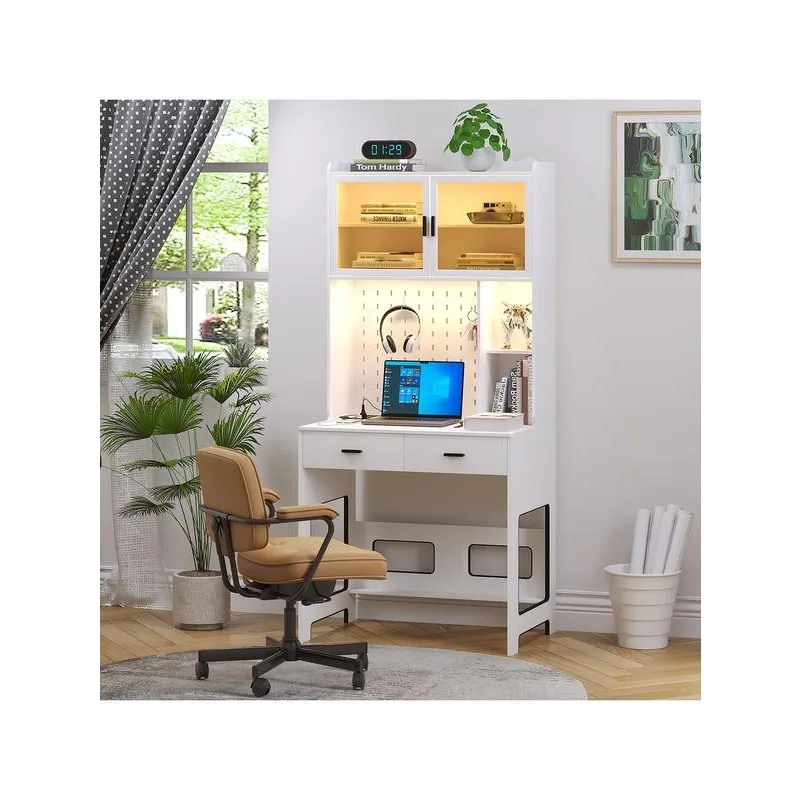 

LED Home Office Desk with Drawers Shelves, Bedroom Computer Wooden Desk with Storage Cabinet Equipped with Charge Station, Corn