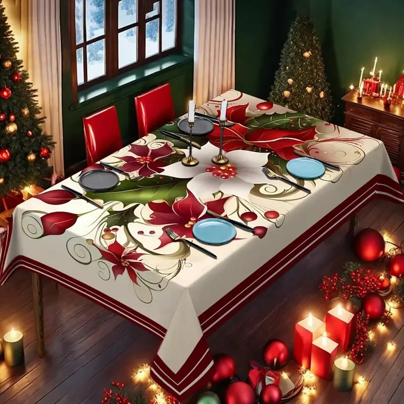 JIT 1 piece Christmas-themed polyester printed rectangular tablecloth, with Christmas floral decorative pattern.zyc