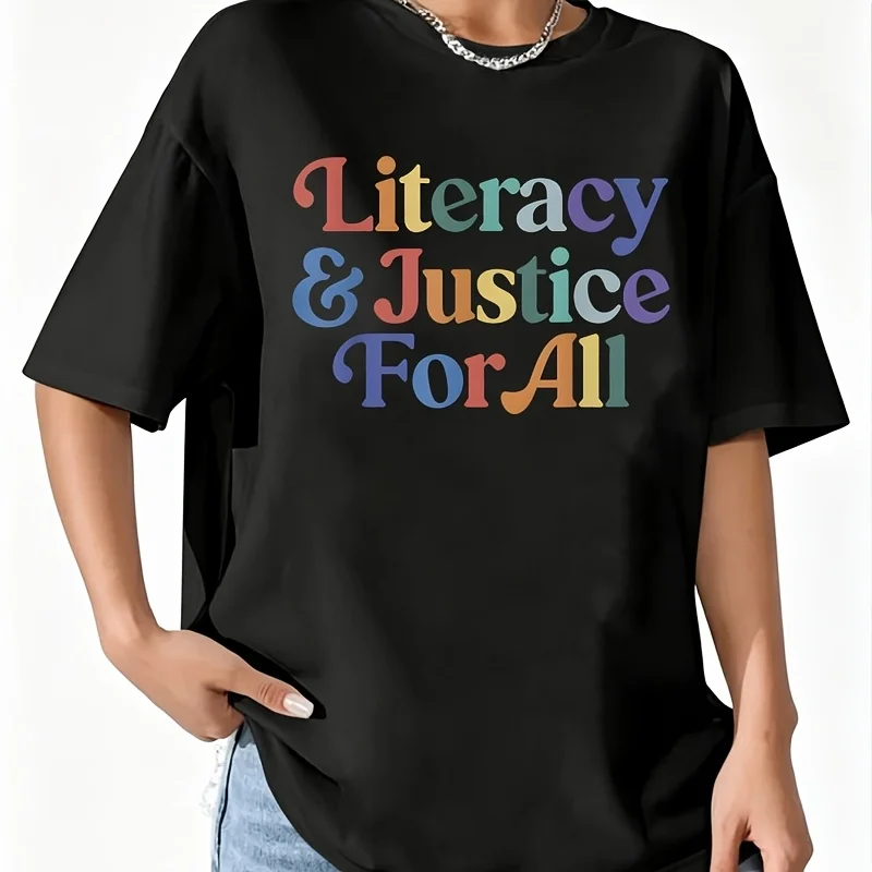 Literacy & Justice for All Stop Book Banning Protect Librarian Women's 100% Cotton T-Shirt Short Sleeve Top Casual Round Neck Fun Print Tee S-5Xl