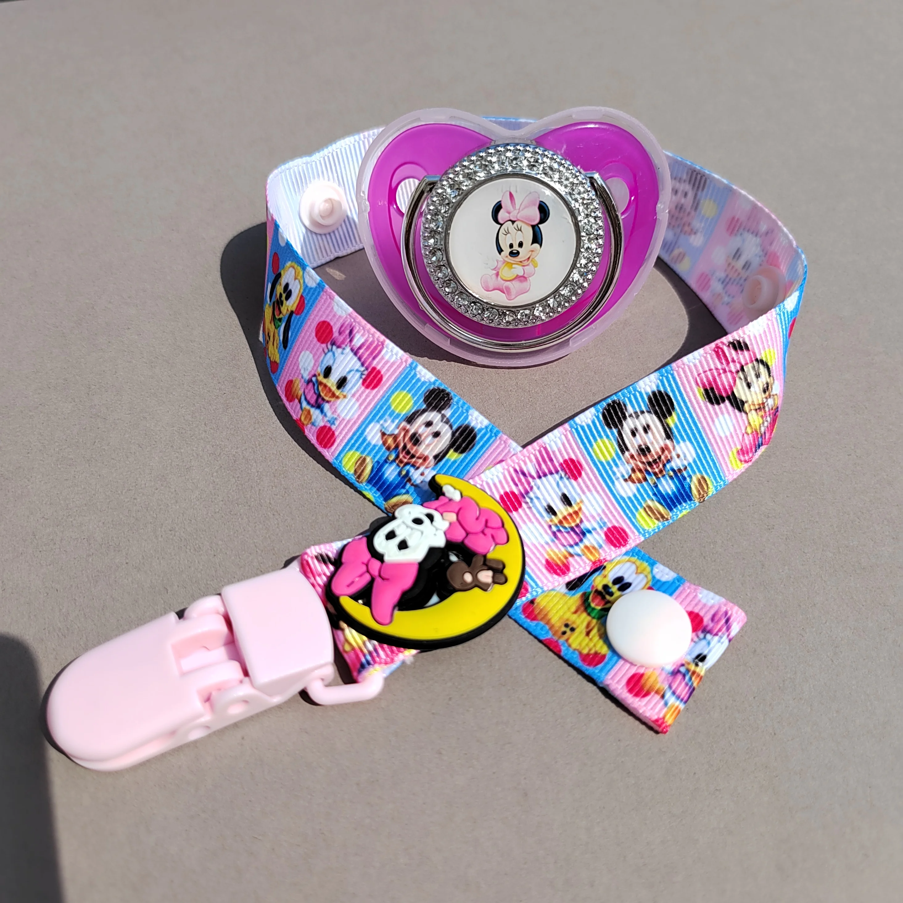 Disney luxo coisas para bebê macio dentição nippler brinquedos engraçado minnie mouse pano tira clipes titular novo bebê alimentação spullen