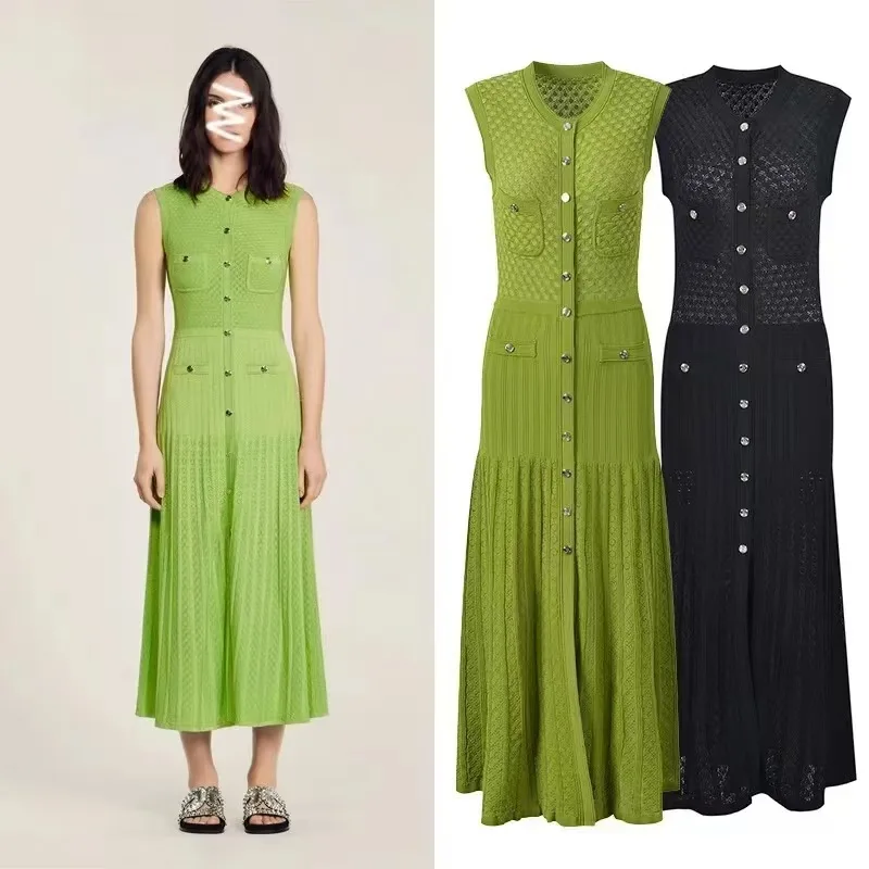 

Black hollow sleeveless knit dress for women 2025 new fashion slim-fit evening dress 25A099