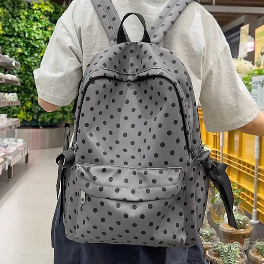 Cute Sweet Polka Dot Backpack Bowknot Design Minimalist Bow Rucksack Multiple Pockets Lightweight Student School Bag Commute