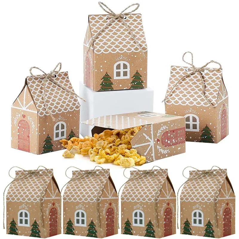 10 Stücke Weihnachten Kraftpapier Pralinenschachtel Cartoon Lebkuchenhaus Geschenkboxen Für Verpackung Kekse Schokolade Weihnachtsfeier Dekoration