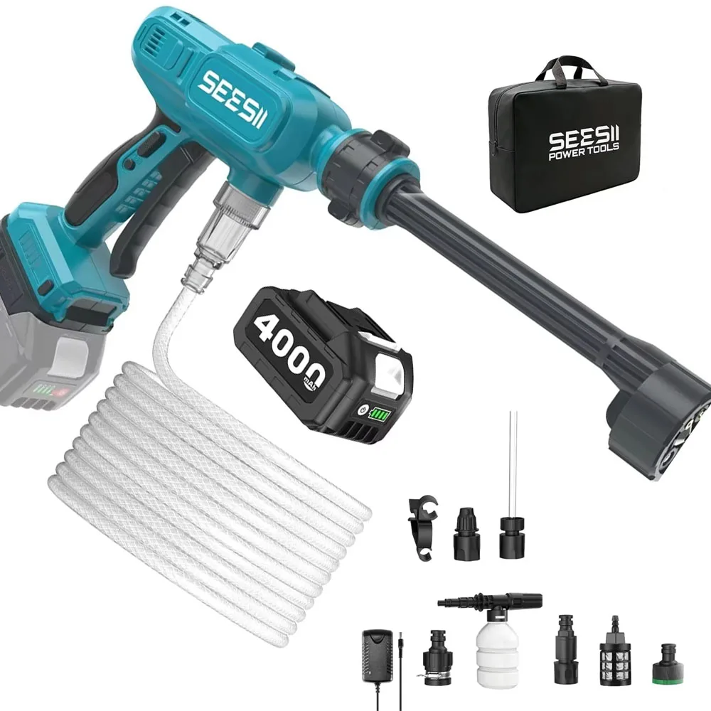 SEESII Electric High Pressure Washer Gun with 6-in-1 Nozzle & 27FT Hose 6 Gear Power Home Car Washing Water Spray Gun Handheld Power Cleaner for Makita 18V Battery Pin