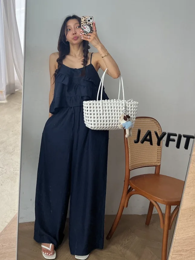甘いレーストリムホルターセット女性の夏のカジュアルショートベストルーズ通気性ワイドレッグパンツツーピースセットファッショナブルなアンサンブル