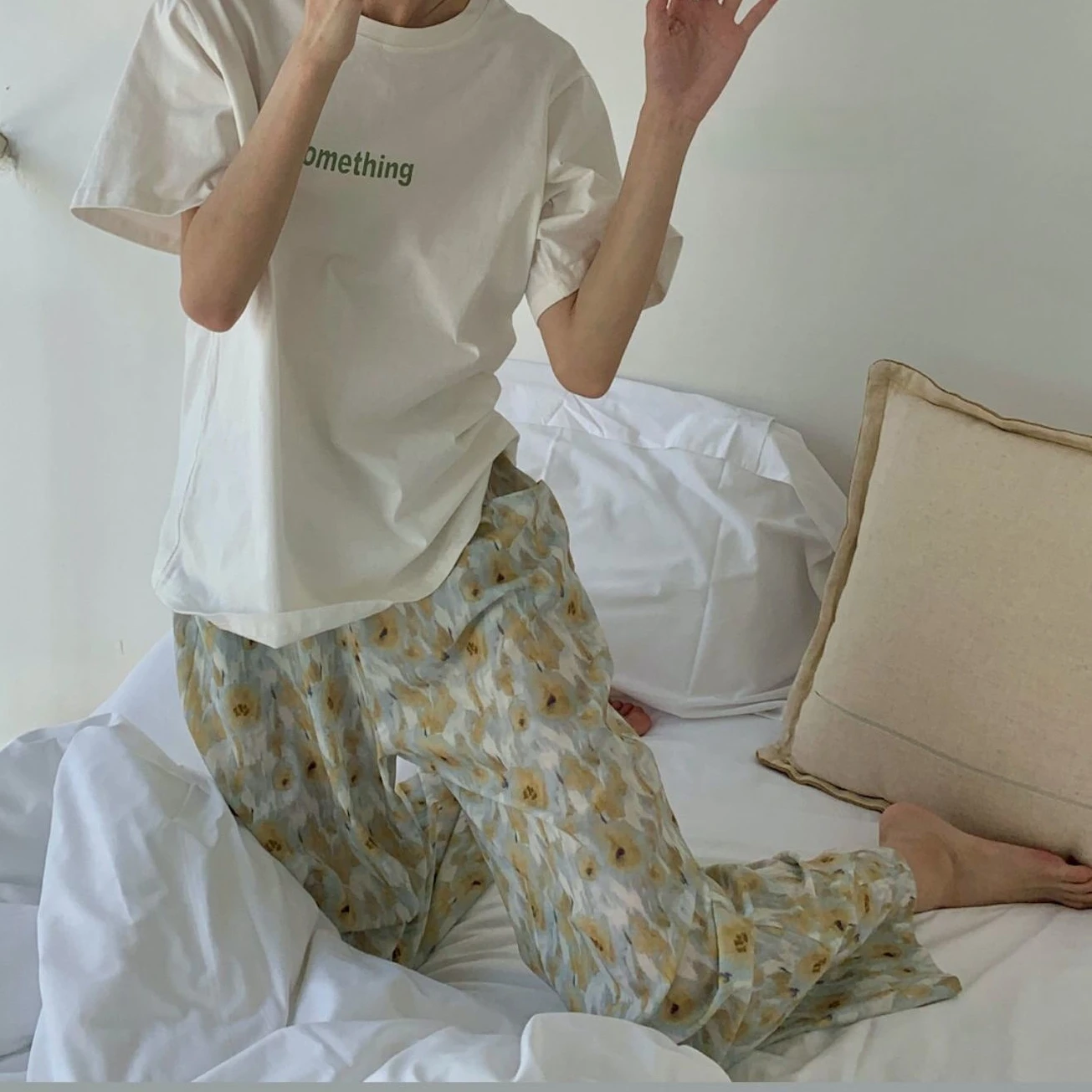 

Sleep Bottoms Women Breathable Wide-leg Floral Drawstring Trousers Soft Summer High Waist Causal Korean Style Mujer Mopping Ins