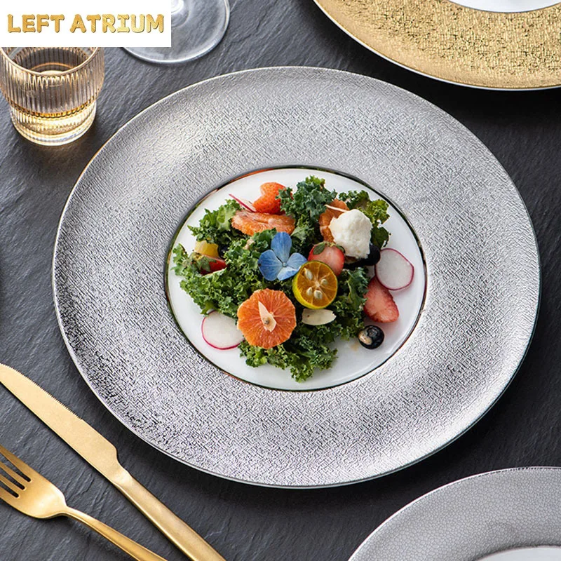 Electroplated Gold/silver Bone China Plate Restaurant Dinner Plate Steak Pasta Plate Display Plates Serving Plates Tableware