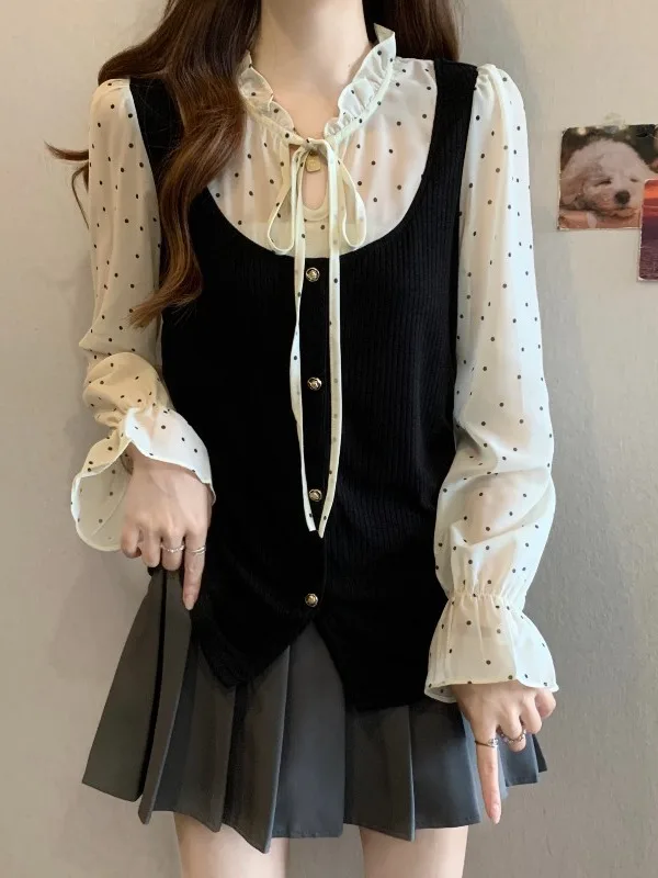 

Шикарная женская блузка в горошек с длинным рукавом, весна 2026, повседневная, больших размеров, стройнящая, модная, укороченная