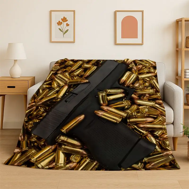 Metal Gun Bullet Military Equipment Pistol Flannel Blanket Soft Throw Blanket for Bedroom Living Room Bed Travel Camping Picnic